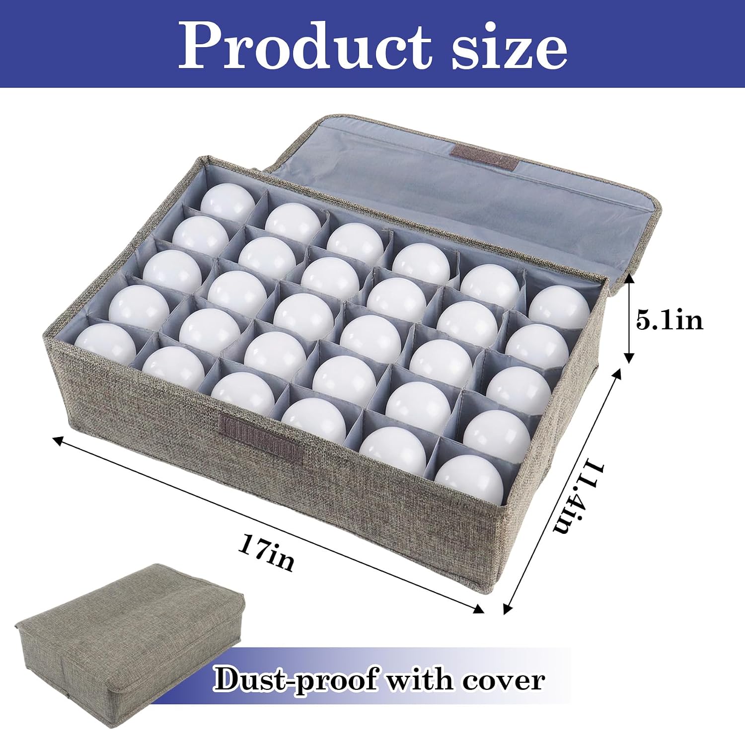 Klmnop 1Pcs Light Bulb Organizer Storage Box with 30 Dividers, Foldable Dustproof Ornament Storage Container with Lid Sturdy PP Board for Home Various Standard Bulbs Organizing(Grey)