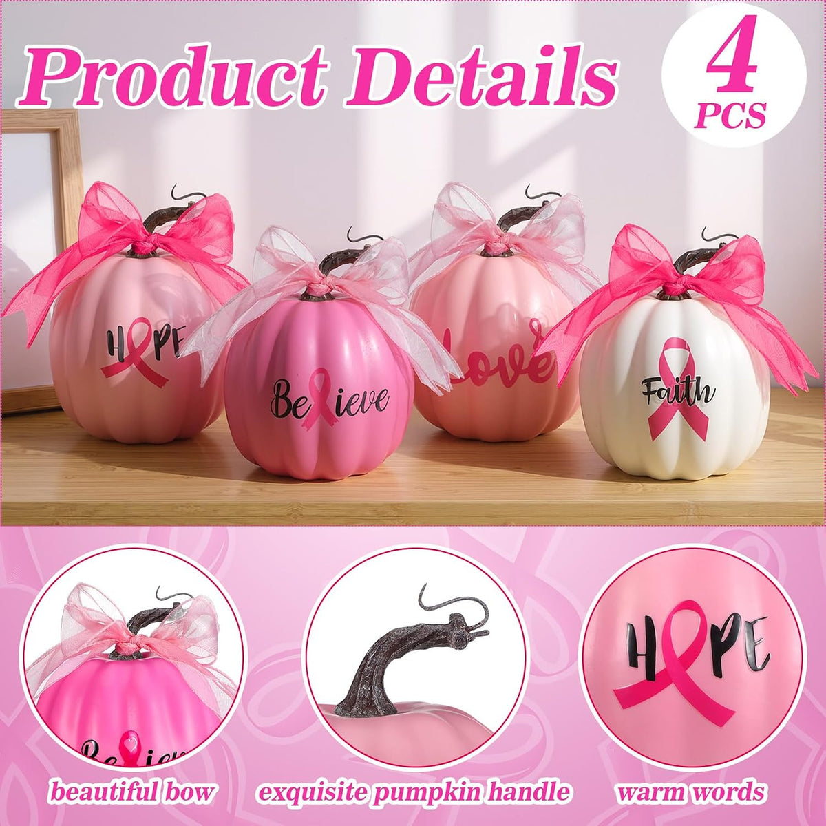 4 Sets Breast Cancer Awareness Pumpkins Decorations Pink Artificial Foam Pump...