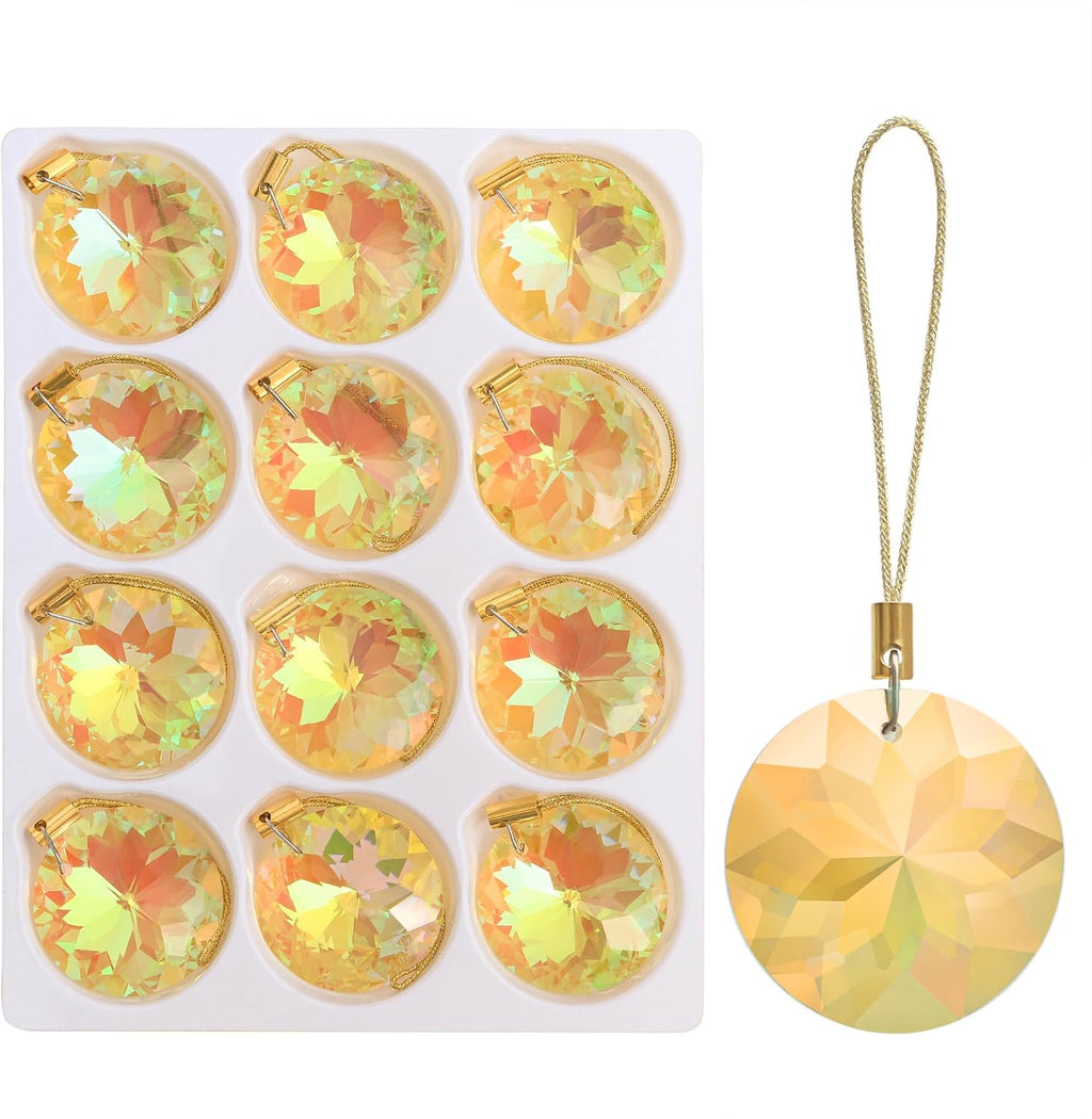 12 Pcs Crystal Glass Christmas Balls Ornaments, 1.18″ Mini Round Prism Flower Xmas Tree Decorations, Hanging Ornament for Wedding Party Home Decor (Sparkly Gold)