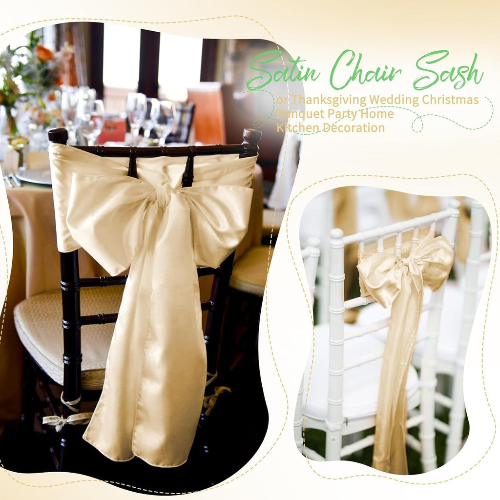 120 PCS Champagne Satin Chair Sashes, Ties Bows Designed Chairs Decorative, Chair Cover Sashes for Thanksgiving Wedding Christmas Banquet Party Home Kitchen Decoration (7 x 108 inch)