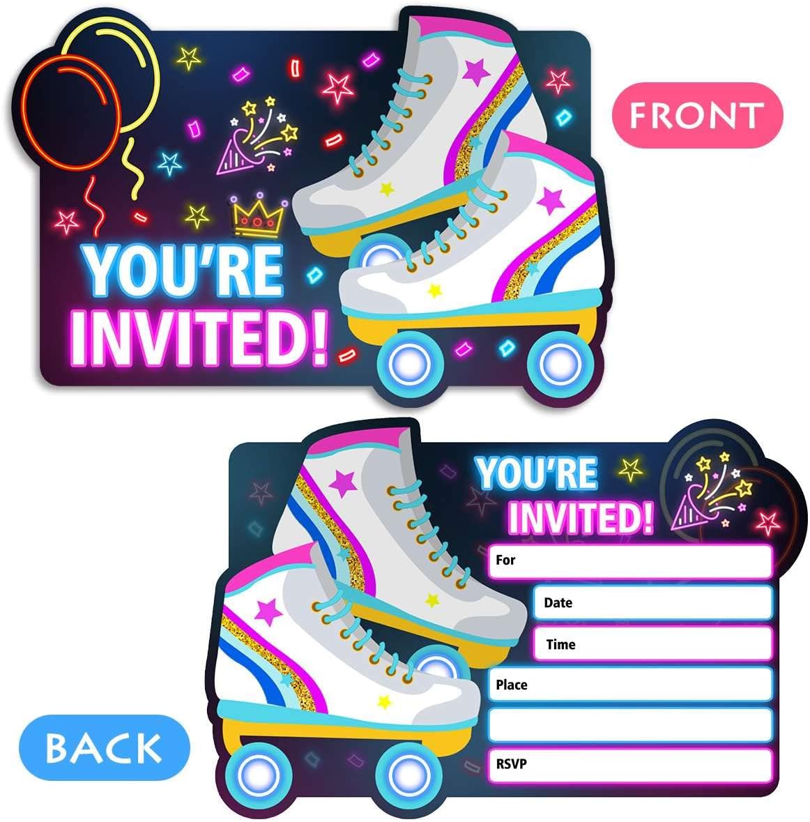 Simimi art Neon Roller Skating Birthday Party Invitations for Girls - Roller Rink Skate Party Invites - 30 Invite Cards with Envelopes