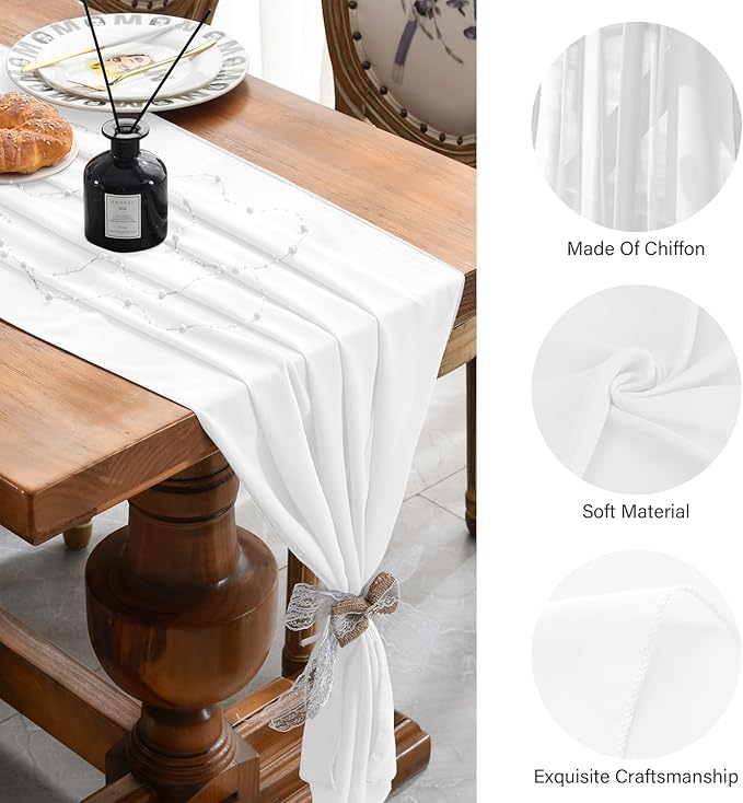 2 Pack 10 Ft Chiffon Table Runner White Gauze Long Table Runners 27x120 Inches Sheer Tulle Table Runner for Rustic Wedding Reception Bridal Shower Decorations Birthday Party