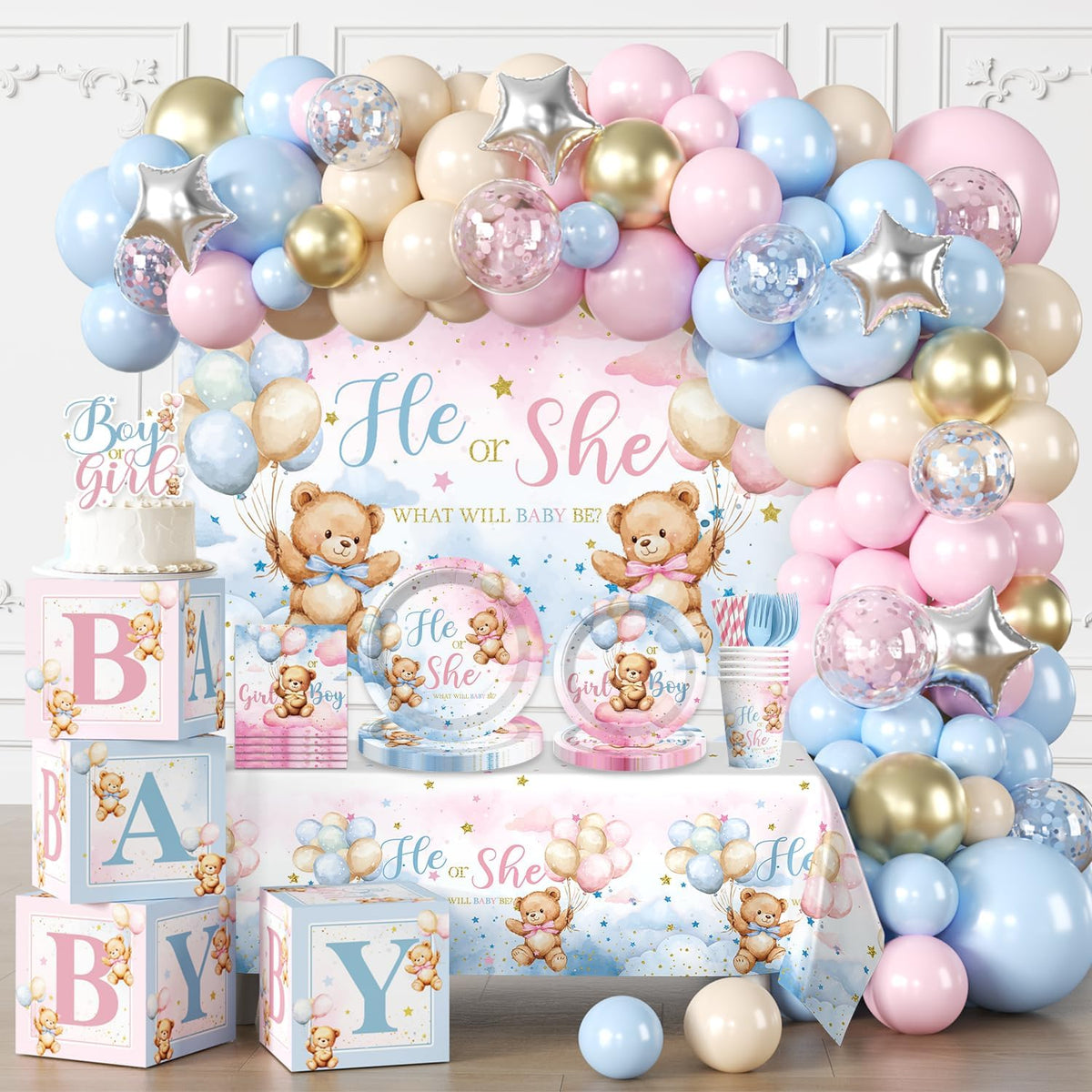cocomigo 232pcs bear gender reveal decorations complete party, main product view
