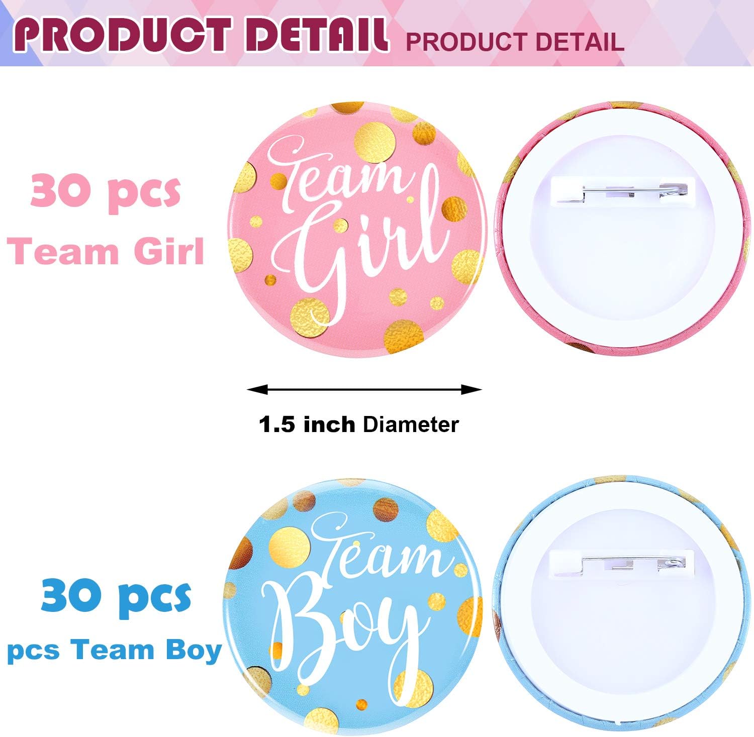 Willbond 60 Pieces Gender Reveal Pins Team Girl and The Boy Button Pin Baby Shower Pink Blue Brooch for Baby Shower Party Favors Gender Reveal Party Supplies 1.5 Inch