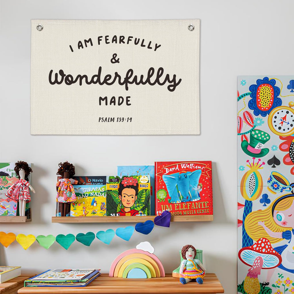 Kids Room Decor - Bible Verse Wall Hanging, 'I am Fearfully and Wonderfully Made' Linen Banner, Canvas Decoration for Classroom, Nursery, Kids Room