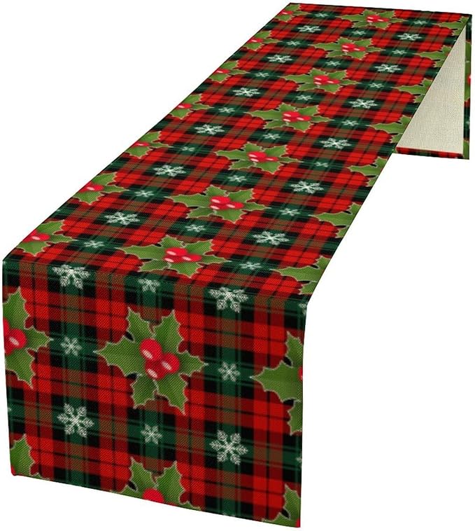 Christmas Table Runner, Red Check Plaid Winter Xmas Holiday Table Cloth Kitchen Dining Table Decoration for Home Party Decor 13x120 Inch