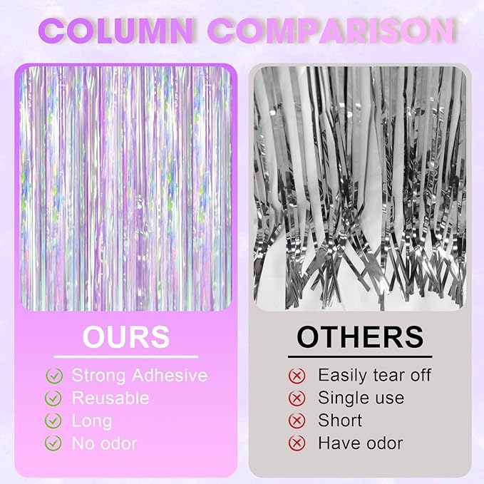 2 Pack Iridescent Purple Foil Fringe Curtains, Glittering Tinsel Streamers Party Decorations,Mermaid Fringe Backdrop for Gir's Birthday, Bachelorette, Baby Shower Theme Party