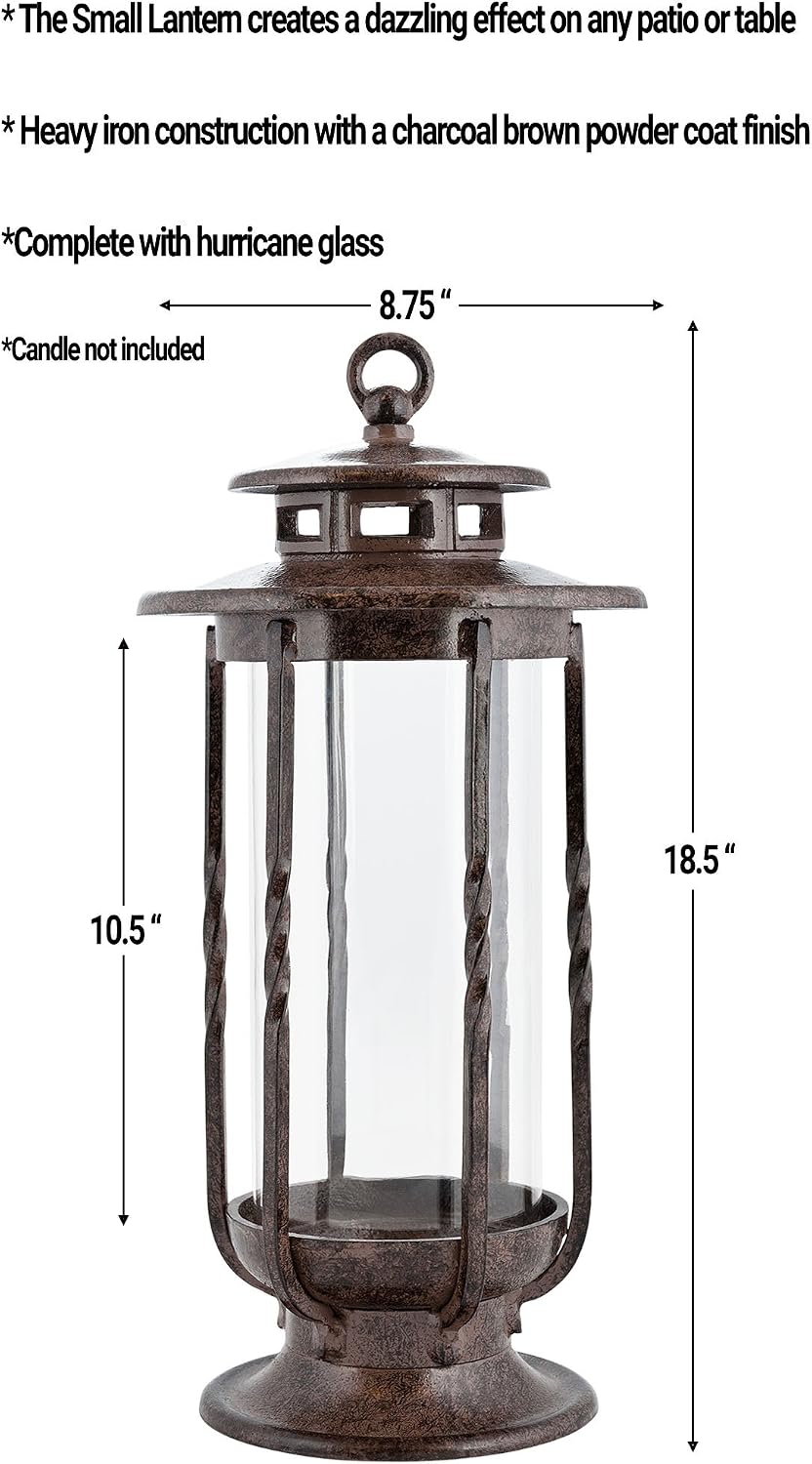 H Potter Cast Iron Lantern, 19" Tall, Glass Hurricane, Rustic Brown Finish | Indoor Outdoor Decroative Candle Lantern, Patio, Porch, Garden & Indoor Decor