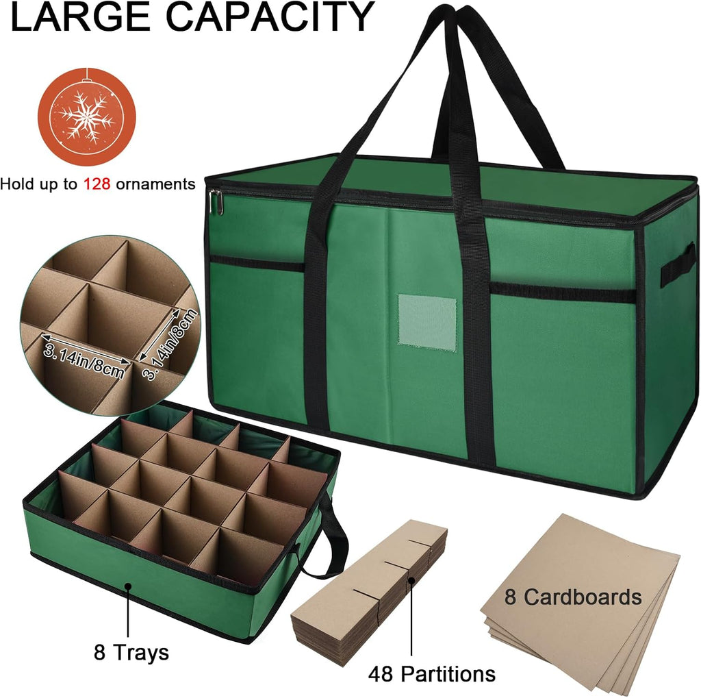 Christmas Ornament Storage Box with Dividers, Christmas Balls Storage Containers with Zipper & 8 Removable Trays, Holds Up to 128 Balls - 600D Oxford Christmas Decoration Storage Organizer (Green)