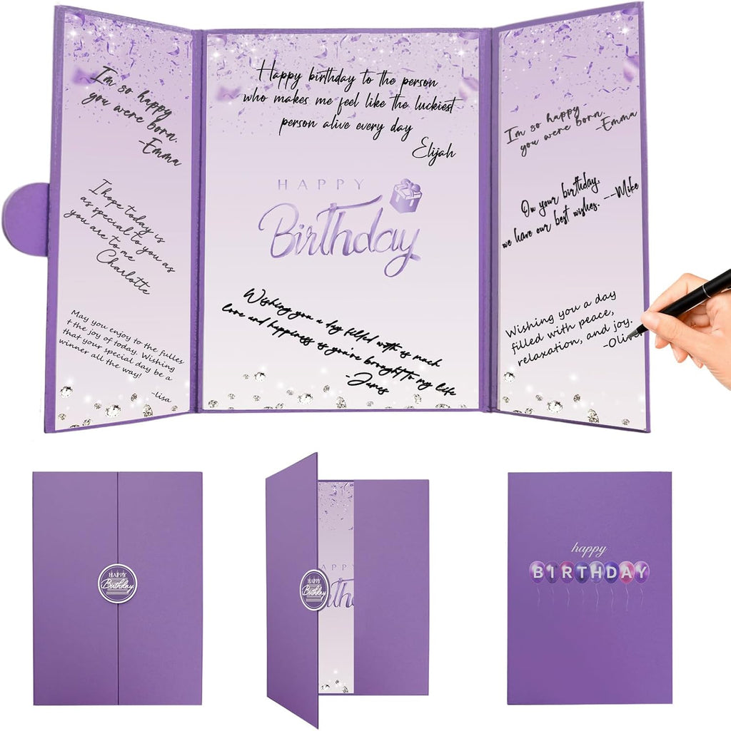 Crenics Purple Happy Birthday Decorations, Creative Birthday Guest Sign in Book Alternative, Birthday Signature Book 12" x 18", Great Birthday Gifts for Women or Girls