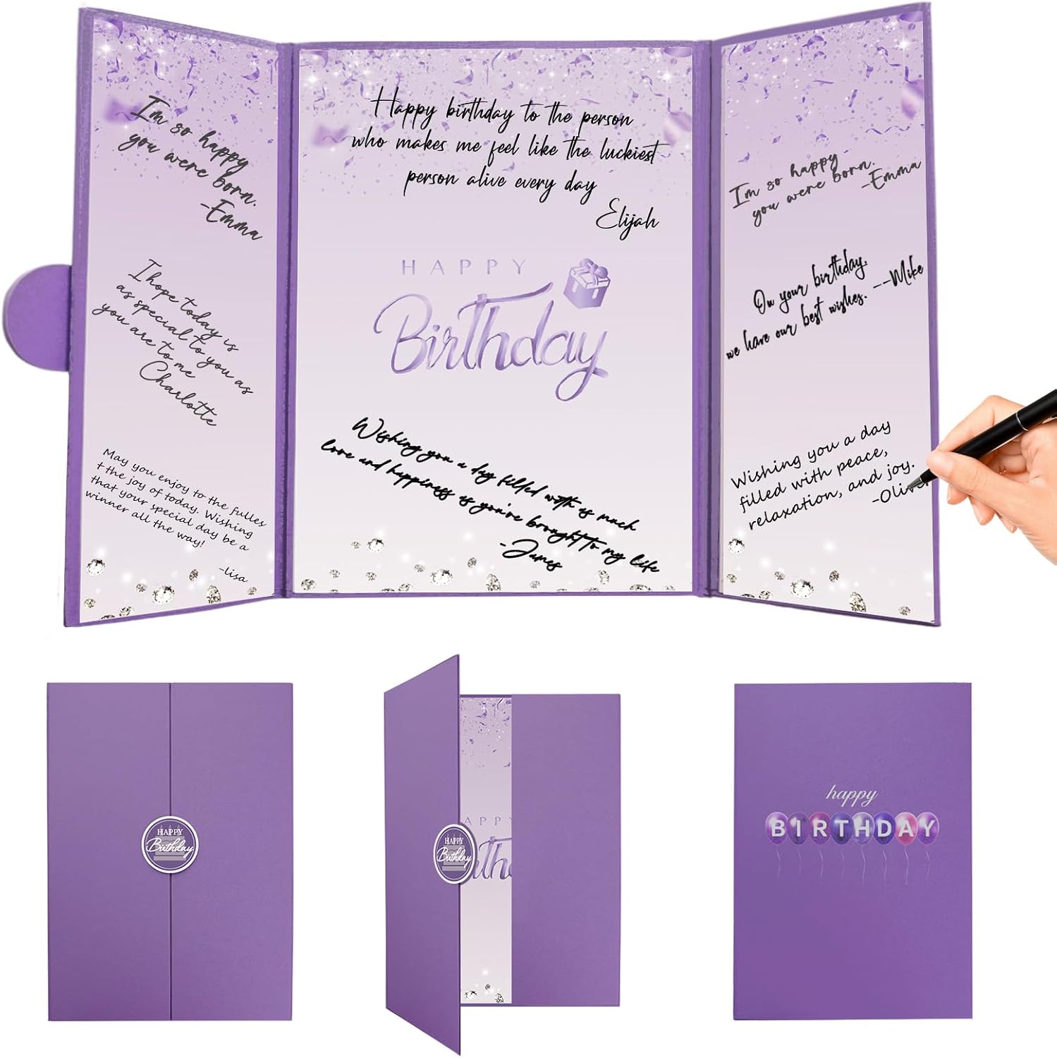 Crenics Purple Happy Birthday Decorations, Creative Birthday Guest Sign in Book Alternative, Birthday Signature Book 12" x 18", Great Birthday Gifts for Women or Girls