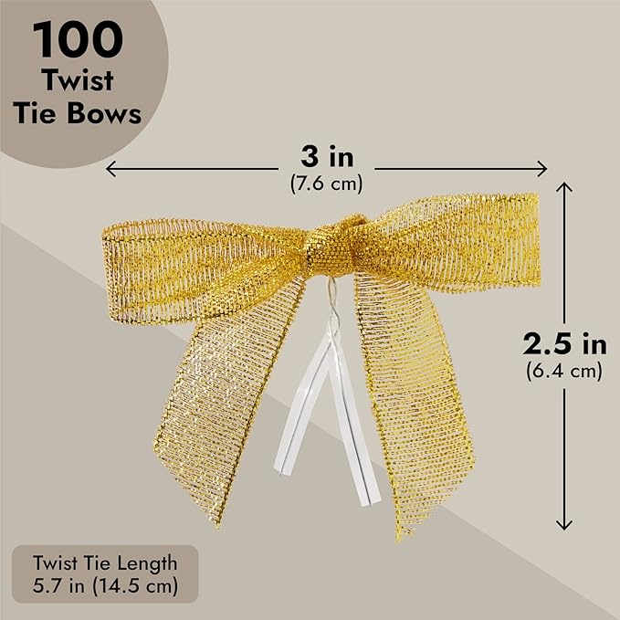 Bright Creations Gold Twist Tie Bows - 100 Pack, 2.5 x 3 in - Pretied Gold Bows & Ribbon for Treat Bags & Twist Ties for Crafts