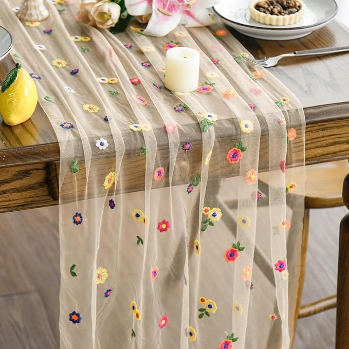 Artoid Mode 3PCS Champagne Embroidery Daisy Gauze Table Runner 120 Inch 10FT, Seasonal Sheer Kitchen Dining Holiday Wedding Birthday Table Decor for Home Party