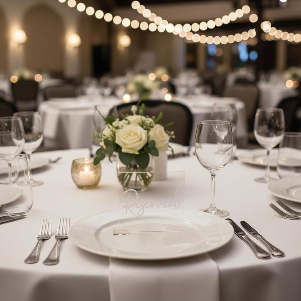 Bucherry 6 Pcs White Reserved Table Signs 3.9 x 3.5" for Wedding Clear Acrylic Reserved Seating Signs Stands with Cursive Letters for Table Wedding Reception Party Meeting Restaurant Ceremony