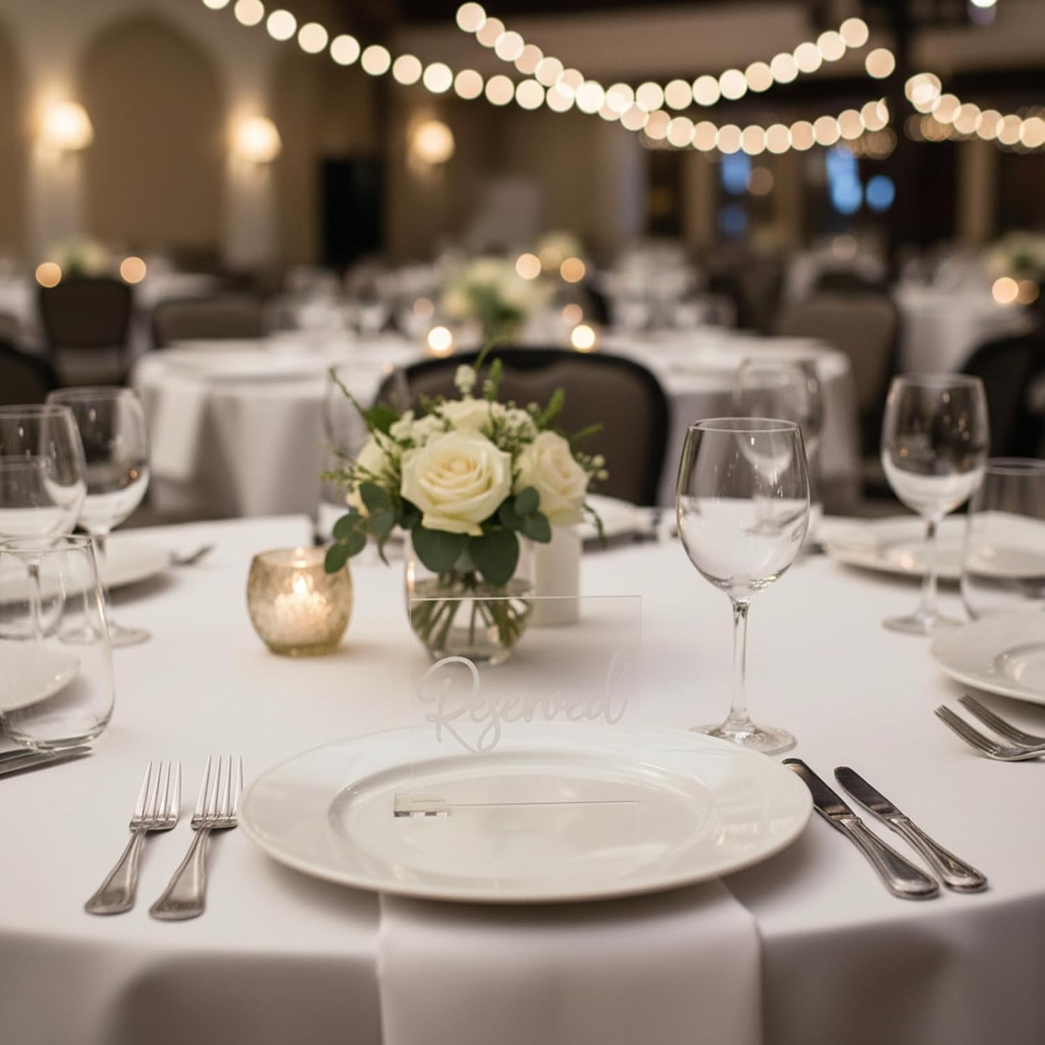 Bucherry 6 Pcs White Reserved Table Signs 3.9 x 3.5" for Wedding Clear Acrylic Reserved Seating Signs Stands with Cursive Letters for Table Wedding Reception Party Meeting Restaurant Ceremony