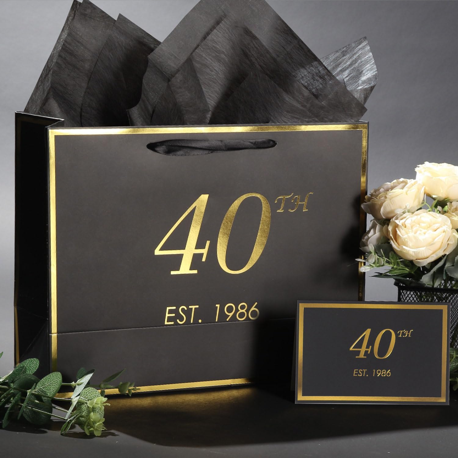 40th Birthday Gift Bag with Card and Tissue Paper for Men Women Him, 1986 40 Year Old 13" Elegant Black Gold Anniversary Keepsake Party Present Shopping Paper Bags for Gifts Wrapping (1986 40th)