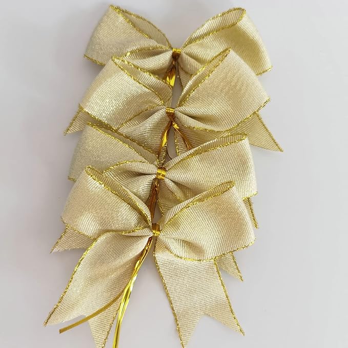 50pcs 3-1/2" White Gold Bows with Twist Ties for Gift Wrapping Packing Christmas Decoration (W.Gold)