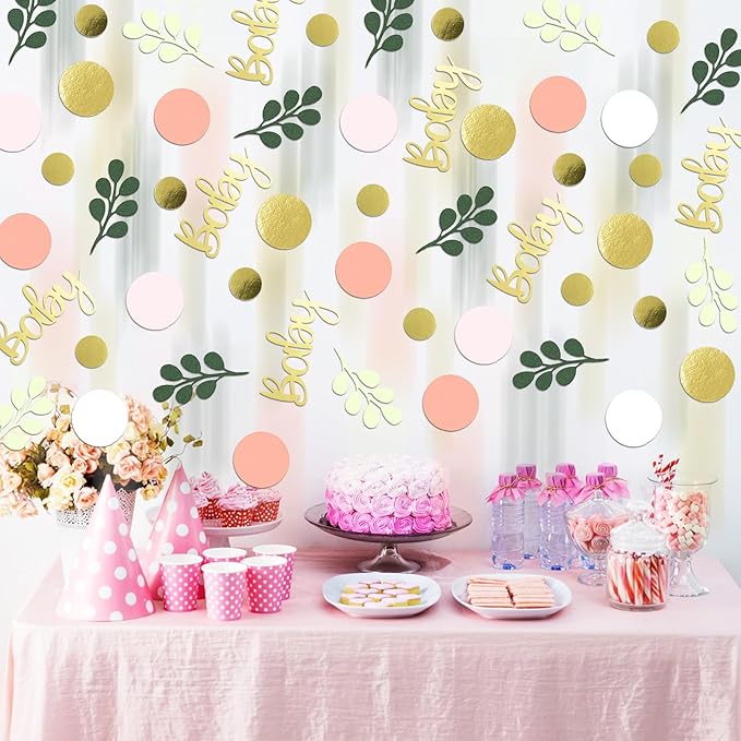 300PC Pink and Sage Green Girl Baby Shower Decorations Greenery Baby Shower Confetti Eucalyptus Dots Table Scatters for Girls Gender Reveal Birthday Decor