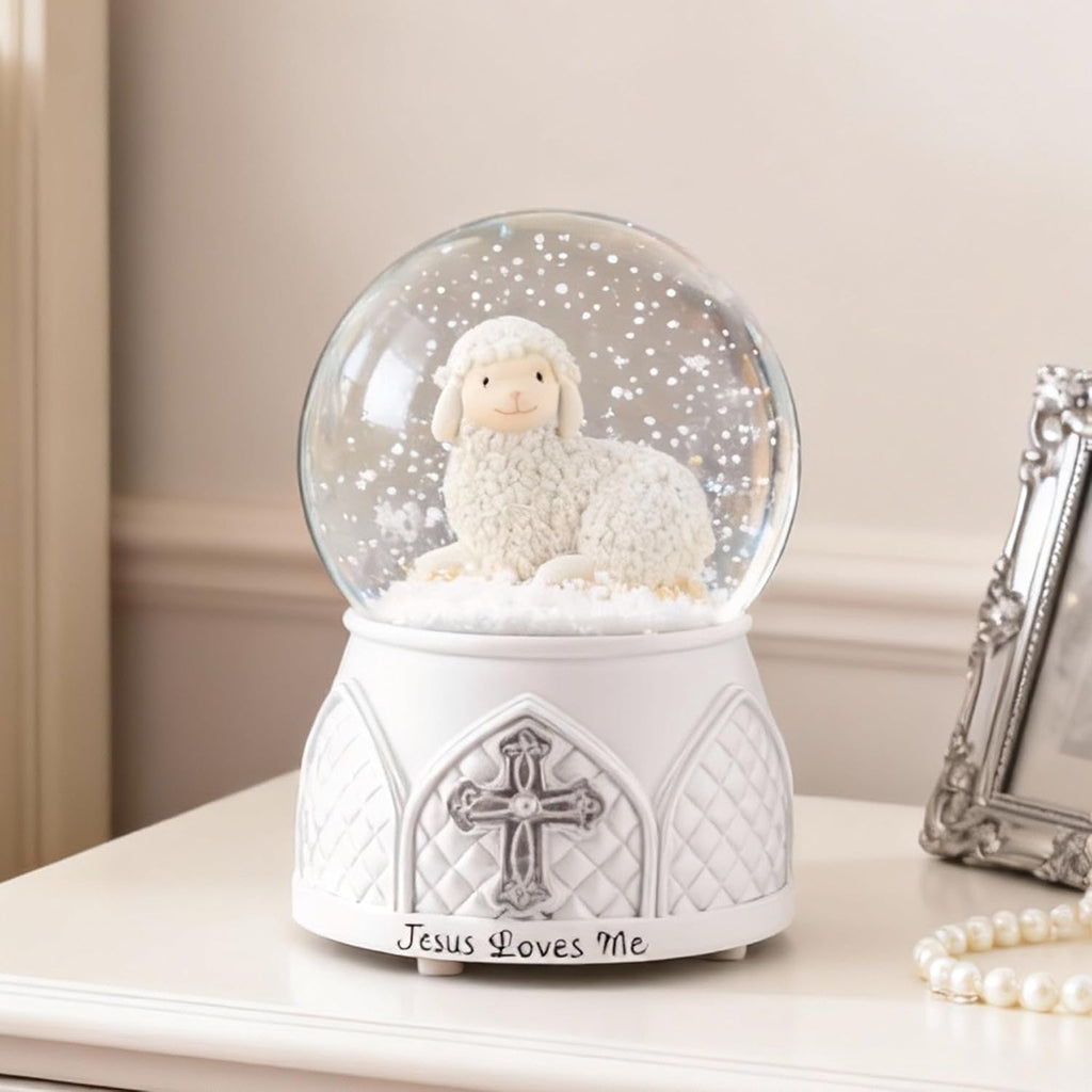 Jesus Loves Me Snow Globe, Jesus White Lamb Baptism Music Box, Religious Gift for Pastors Girls Wife Girlfriends Friends Easter Birthday Present
