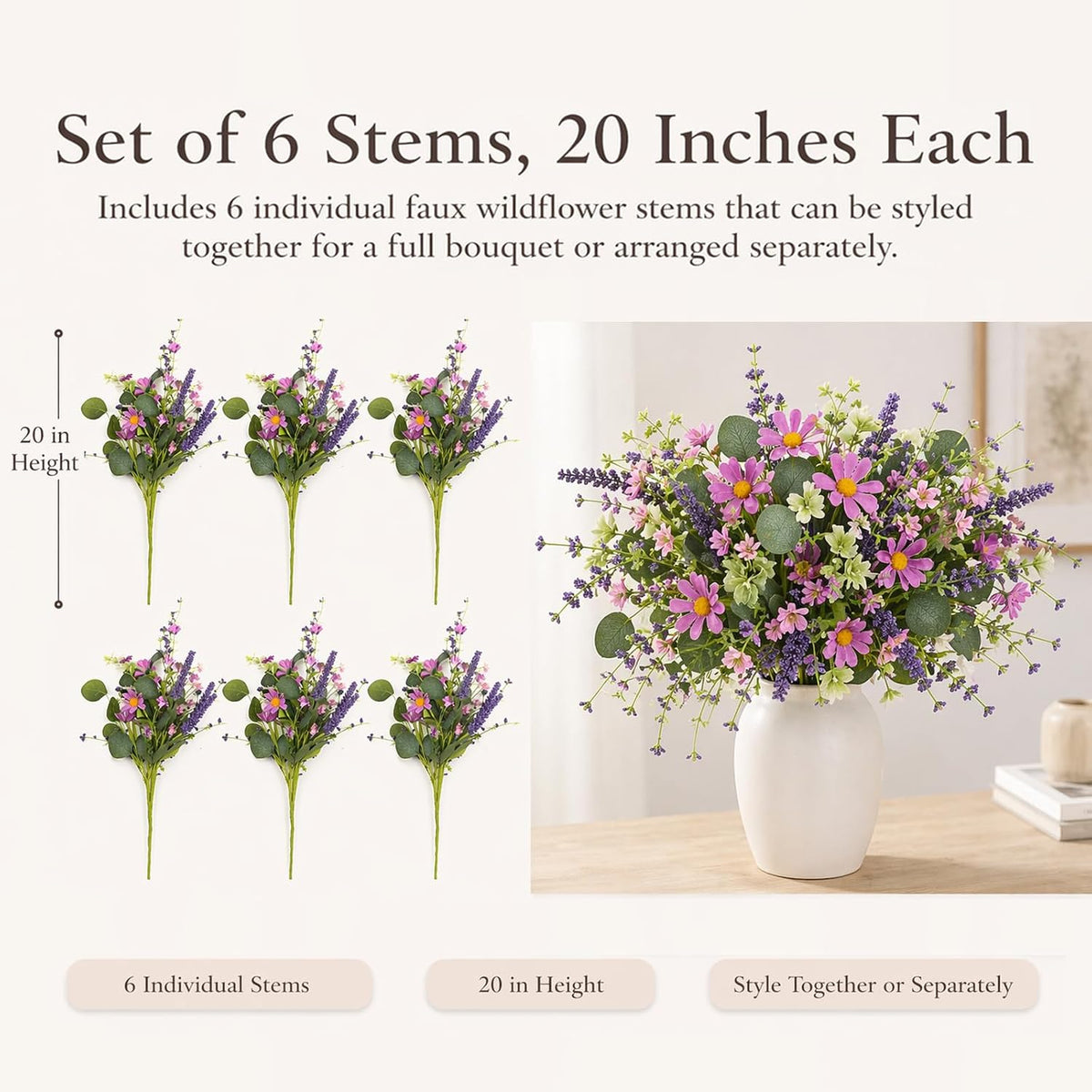 20" artificial flowers bouquet for vase indoor, 6, side view