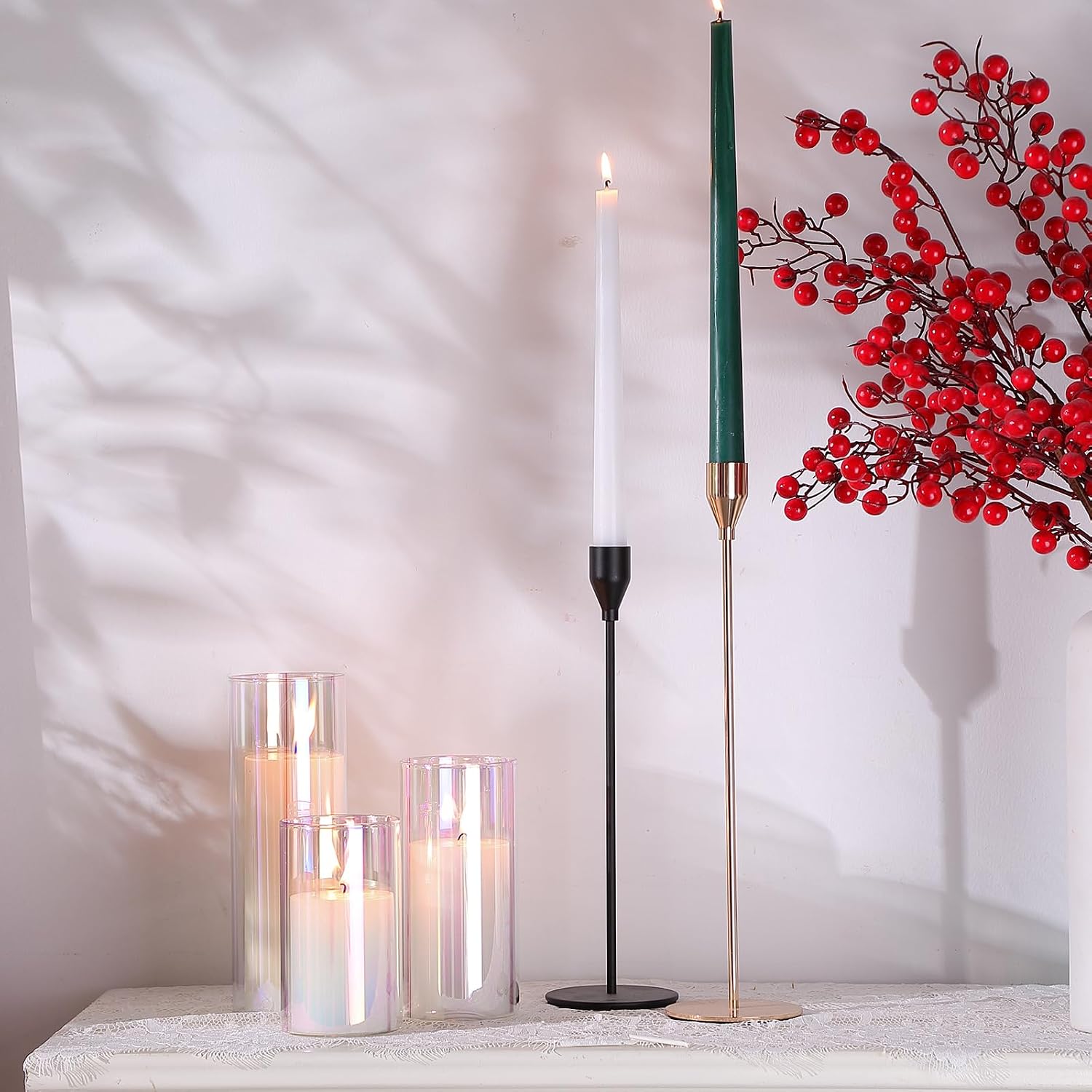 Shihanee Set of 6 Pillar Candles and Glass Cylinder Vases Clear Cylinder CandleHolders for Slim Tall Pillar Candles Wedding Centerpieces (2.8'' X 4.7", 5.9", 7.9",Iridescent)