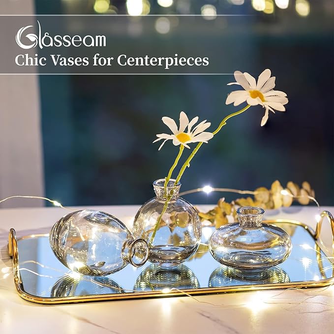 Bud Vases 3Pcs/Set Small Vases Handmade Cute Gray Small Vases for Flowers Centerpieces Glass Vases Mini Vase Home Decor Centerpieces, Events Table Decor