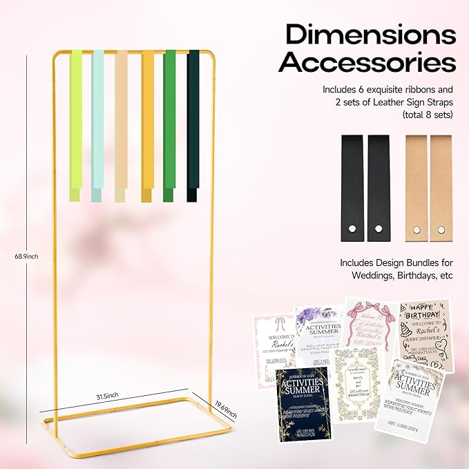 Wedding Sign Stand - Adjustable Wedding Sign W/Design Bundle & Leather Sign Hanging Straps, Durable Metal Easel Stand for Wedding Welcome Signs, Seating Charts, Ceremony & Reception Decor (Gold)