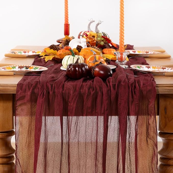 Burgundy Red Cheesecloth Table Runner Fall Table Runner Boho Gauze 120 Inches Red Cheese Cloth Fall Table Decorations for Thanksgiving Christmas Weddings Bridal Shower Candlelight