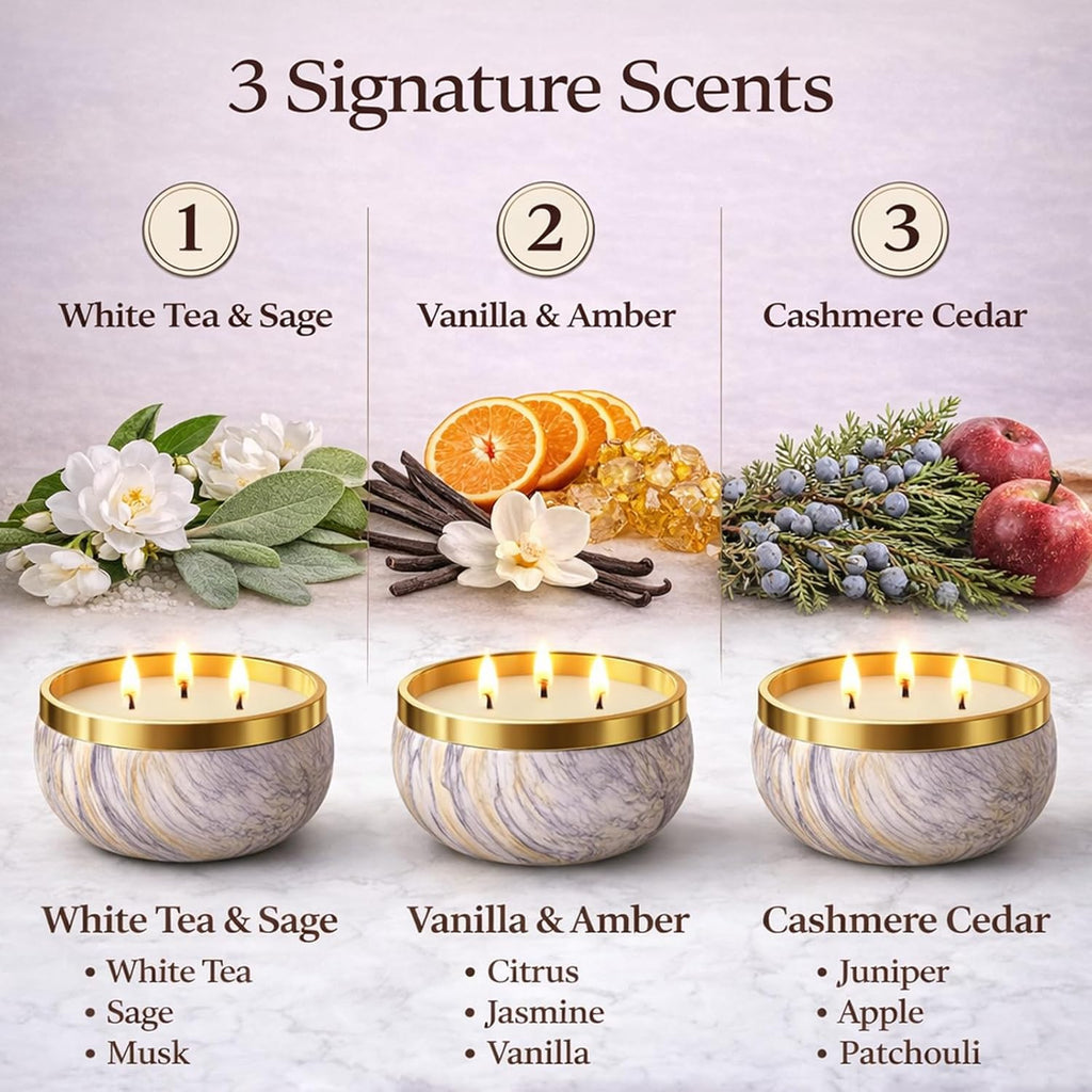 YMing 3-Wick Candle Gift Set, 3 Pack, 14 oz Each, Scented Candles for Home, White Tea & Sage, Vanilla & Amber, Cashmere Cedar