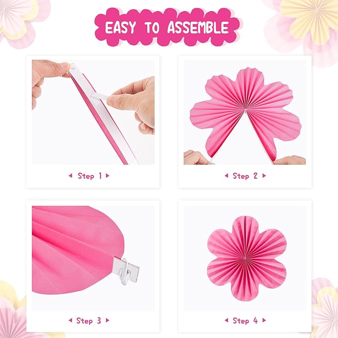 Easy Joy Paper Flowers Decorations for Wall Paper Fans Classroom Decoration Paper Floral Backdrop Decor Paper Fans Decoration Hanging Paper Fans Pink Flower Wall Decor, Set of 9