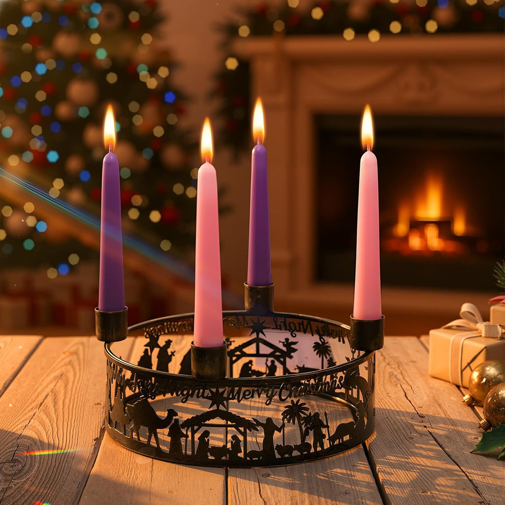 Blulu Advent Wreath Candle Holder Nativity Scene Ring Candle Holder Metal Jesus Nativity Set Christmas Centerpiece for Candlestick Rustic Advent Christmas Home Decorations Xmas Signs (Holy Night)