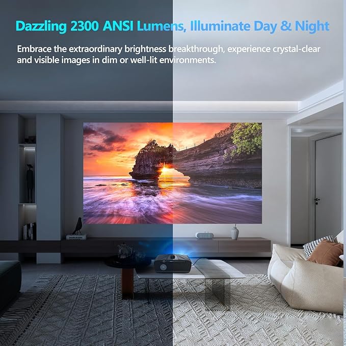 Ultra HD 4K Projector Auto Focus HDR WiFi6, Smart LED WiFi Bluetooth Projector 4K Daylight Home Cinema Movie Gaming 2300ANSI Ceiling Mounted Indoor Outdoor with Auto Keystone Zoom HDMI USB LAN Apps