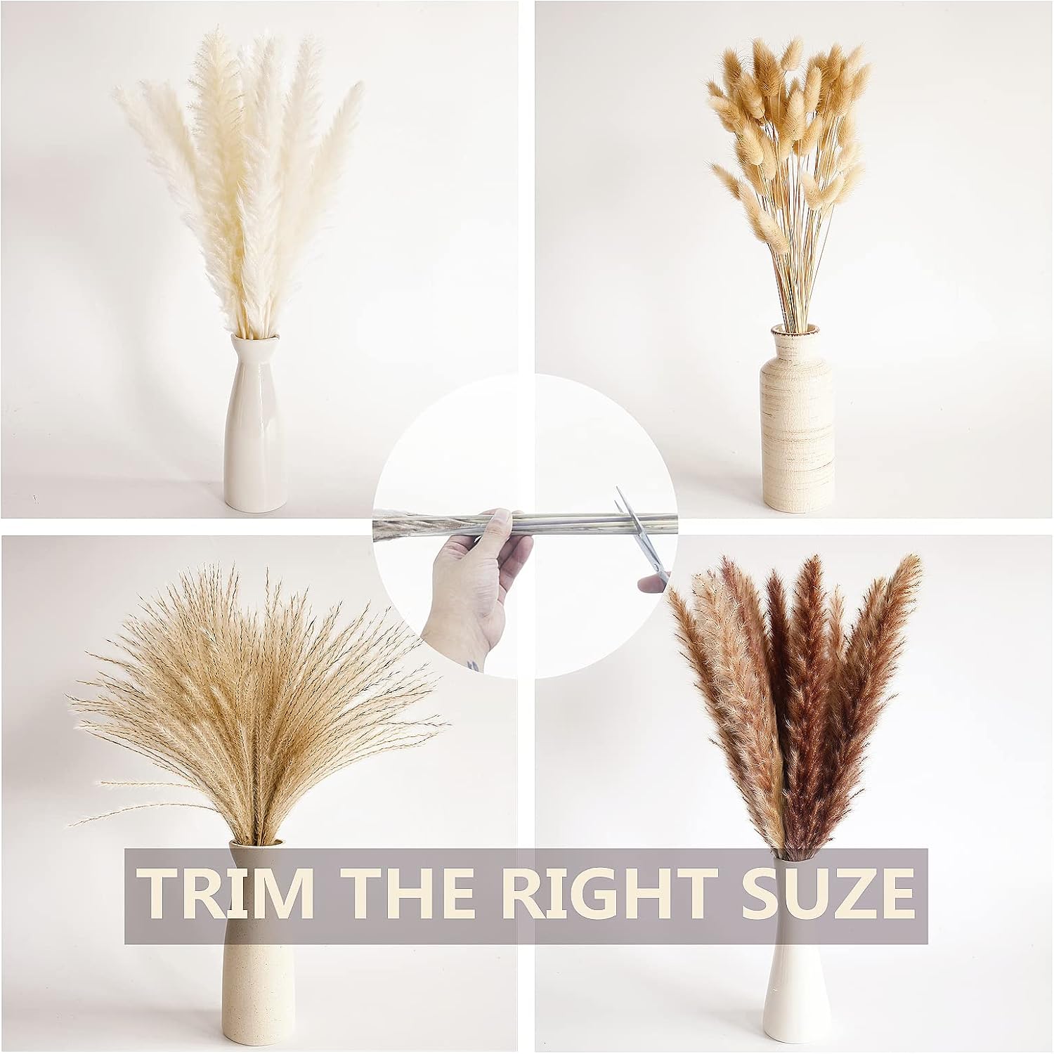 100 PCS Small Boho Pampas Grass, 17" Naturally Dried Pompas, Pampas Grass Decor for Wedding , Boho Party Decorations, Table Decor（Brown and White）