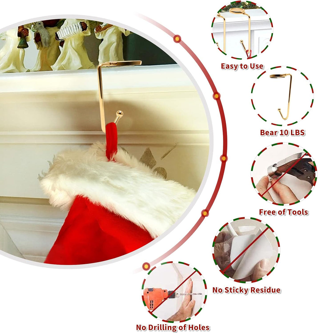 Christmas Mantle Stocking Holders Set of 6 - Upgrade Non-Slip Fireplace Hangers, Lightweight Metal Hooks for Christmas Party Decoration (Gold)