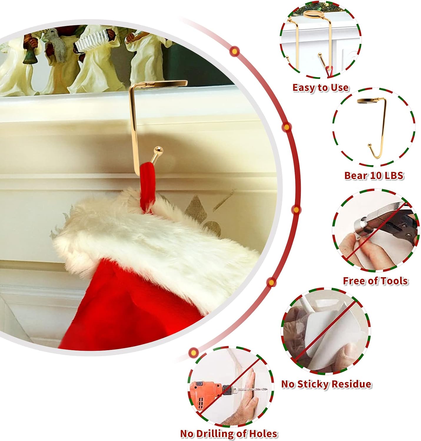 Christmas Mantle Stocking Holders Set of 6 - Upgrade Non-Slip Fireplace Hangers, Lightweight Metal Hooks for Christmas Party Decoration (Gold)