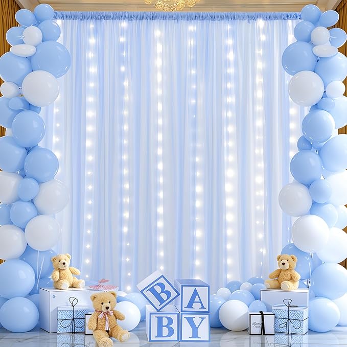 10x10ft Light Blue Chiffon Backdrop Curtain with Lights for Baby Shower Birthday Party, Sky Blue Curtain Backdrop with Lights for Wedding Parties Photo Shoot (5 x 10ft,2 Panels)