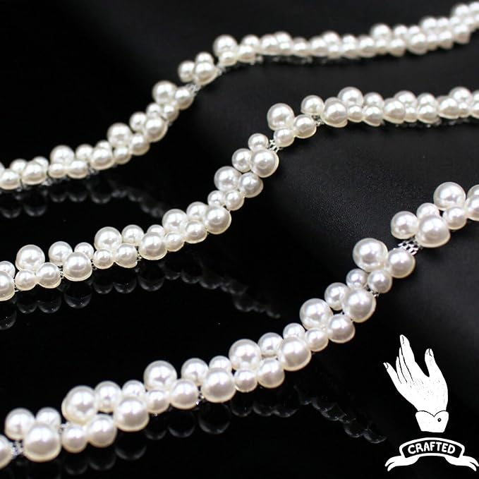 1 Yard Pearl Trim Chain String Silver Applique Fringe Ribbon Strips Beads Sewing Dress DIY Party Wedding Bouquet for Decoration Bridal Costume Embellishment