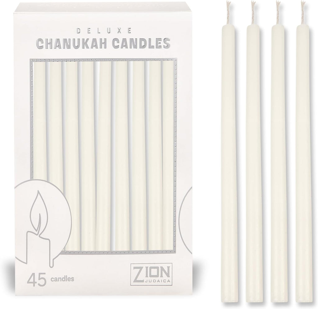 5.25" Premium Dripless Hanukkah Candle Bundle of 45 Solid White Tapered Candles for Standard Chanukah Menorahs Birthday Party Celebration Candles for 8 Nights of Hanukah W/DIY Dreidel