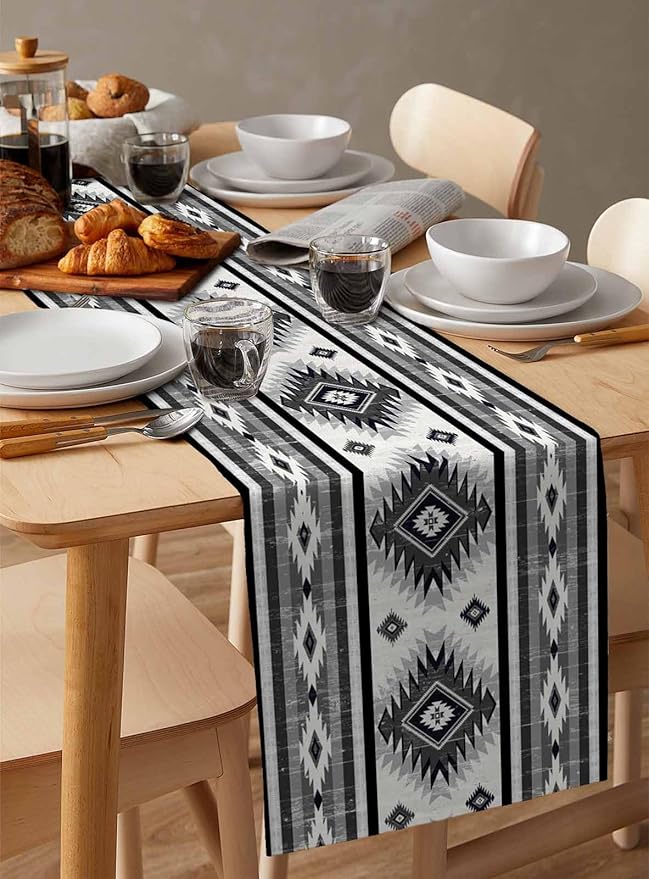 Aztec Southwest Cotton Linen Table Runner for Dining Kitchen, Wedding Outdoor Party Tablerunners Decoration, Boho Ethnic Tribes Vintage Grey Dresser Scarf Coffee Tablecloth Runners 13x48 Inches