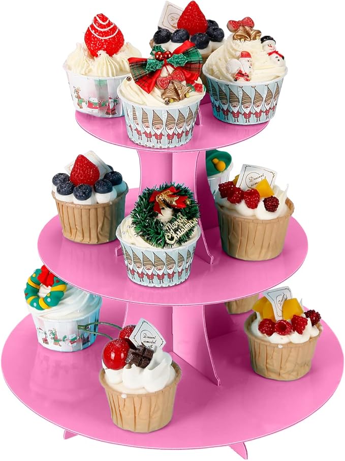 2Pcs 3-Tier Cupcake Stand, Cake Stand holder, Tiered DIY Cupcake Stand Tower for Dessert Table Displays, Birthday Theme Party Favors Decoration, Floral Tea Party, 12" W x 12.8" H, Pink