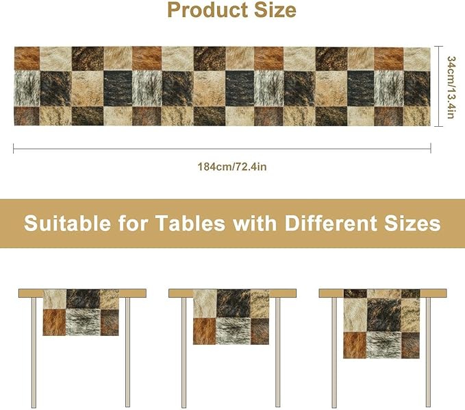 Rustic Cow Skin Patchwork Print Table Runner, Farmhouse Country Western Style Fur Table Cover for Dinning Home Party Holidays Home Setting, 13x60 Inch