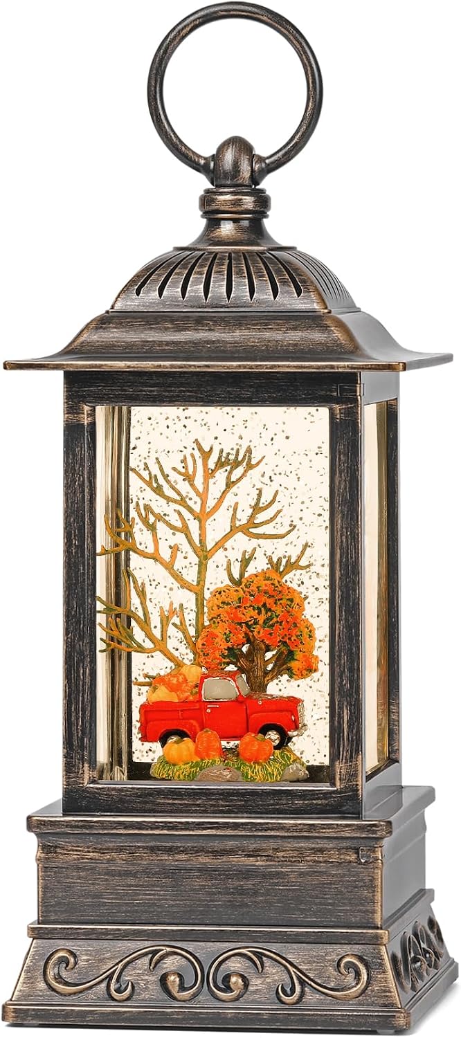 Fall Snow Globe Decorations, Glitter Red Truck Lantern with 6H Timer, USB/Battery Powered Lighted Décor for Home, Tabletop, Gift Box