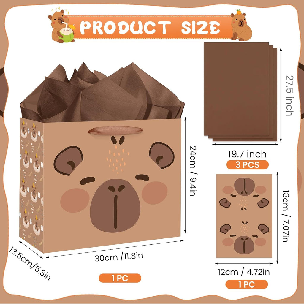 Large Capybara Birthday Gift Bag,Cute Capybara Wrapping Paper Bag Brown Capybara Party Decoration Gift Bag with Tissue Paper and Greeting Card for Capybara Animal-Themed Birthday Party Supplies