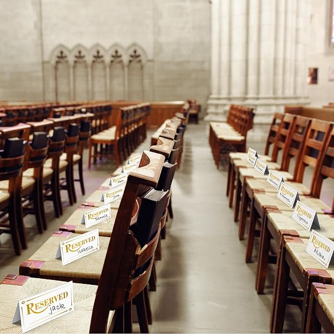 300 Pcs Paper Table Reserved Sign with Name Line Reserved Seating Signs Bulk Double Sided Signs for Reserving Seats Restaurant Wedding Reception Church Board Business Meeting (White Gold)