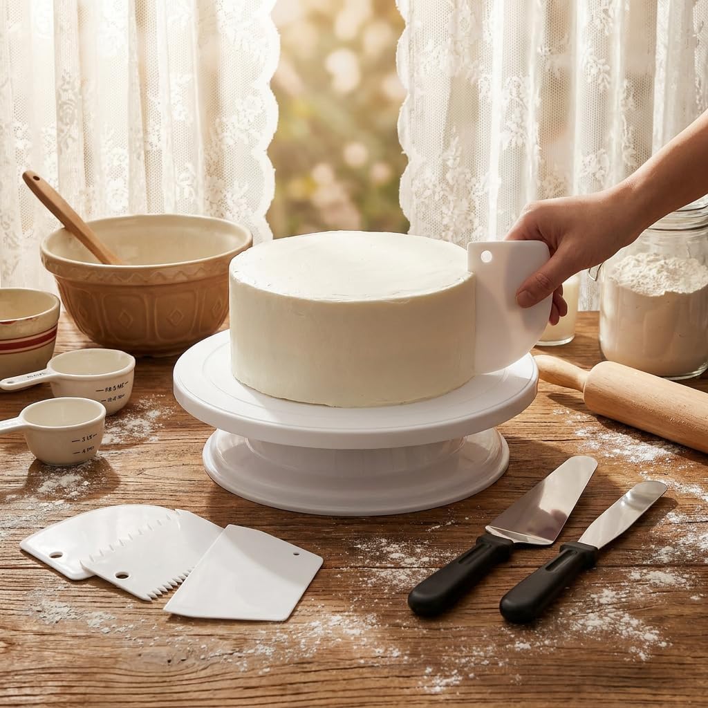 Cake Decorating Kit with Cake Turntable and Decorating Tools, 8-Piece Baking Supplies Set with 3 Frosting Spatulas and 4 Icing Smoothers, Easy Cake Decorating for Beginners Professionals