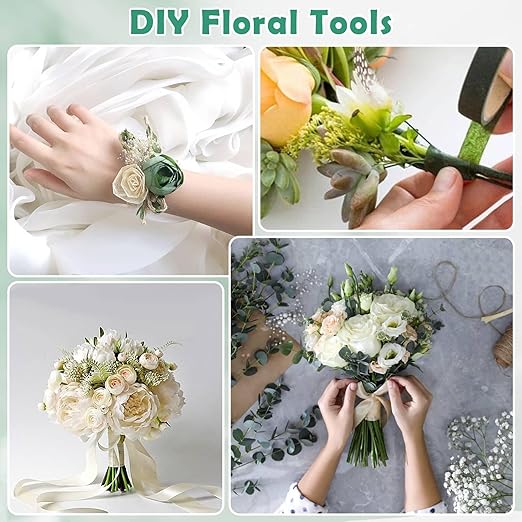 PAXCOO Floral Tape and Floral Wire Arrangement Tool Kit with Green Floral Tape, Floral Wire, Boutonniere Flower pin, Wire Cutter, White Ribbon and Elastic Pearl Wrist Corsage Bands for Bouquets