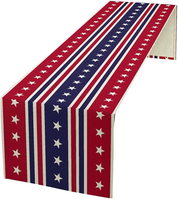 4th of July Table Runner, USA Flag Stars Stripes American Independence Day Red Blue White Stars Lines Print Table Cover for Farmhouse Kitchen Indoor Outdoor Home Party, 13x36inch