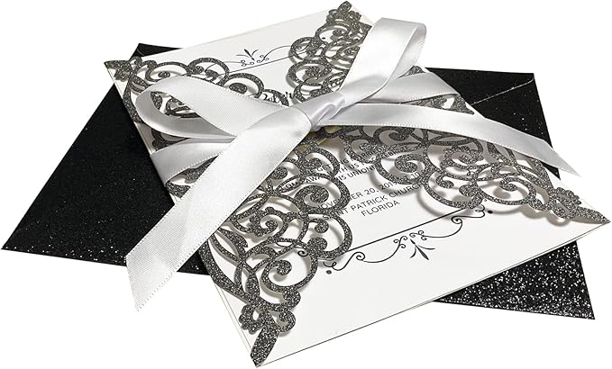 50Pcs Laser Cut Black Wedding Invitation With Glitter Envelopes And Ribbons Blank Personalized Card Invitaciones Para quinceañera Birthday Baby Shower Christmas Party Bridal Shower