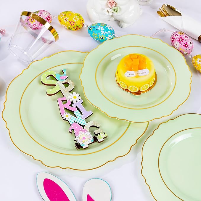 Liacere 350PCS Light Green Plates - Disposable Green and Gold Plastic Plates 50guest Baroque Dinnerware include 100Plates,50Pack Pre Rolled Napkins with Silverware 50Cups for Mother's Day