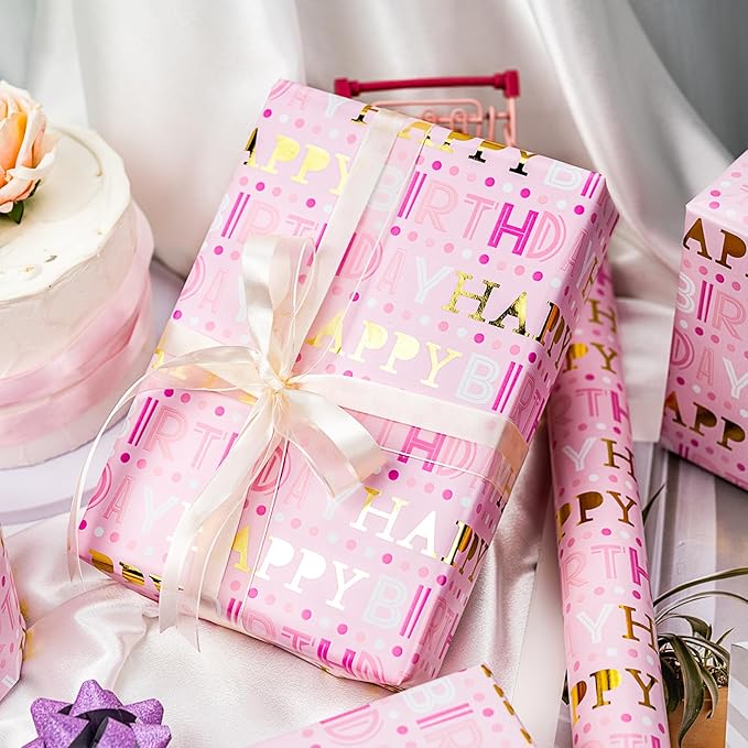 Yarcony Girl Birthday Wrapping Paper Roll, Pink and Gold Wrapping Paper, Gold Foil Girly Happy Birthday Lettering Design Pink Gift Wrap for Girls Women, Baby Shower, Christmas(17 Inch X 33 Feet)
